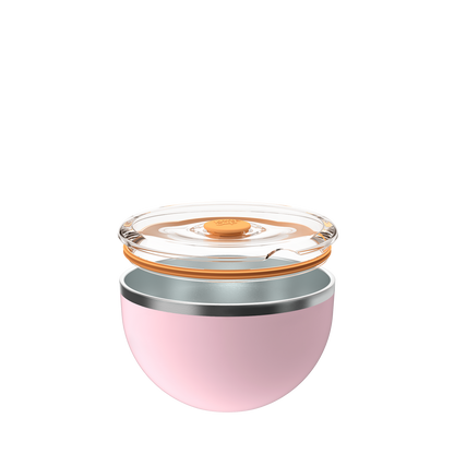 KeepCup Go Bowl Luxe in Pashmak Pink shown in an exploded view with the clear flat lid with orange silicone seal and press-fit closure hovering above the soft pink insulated stainless steel bowl base.