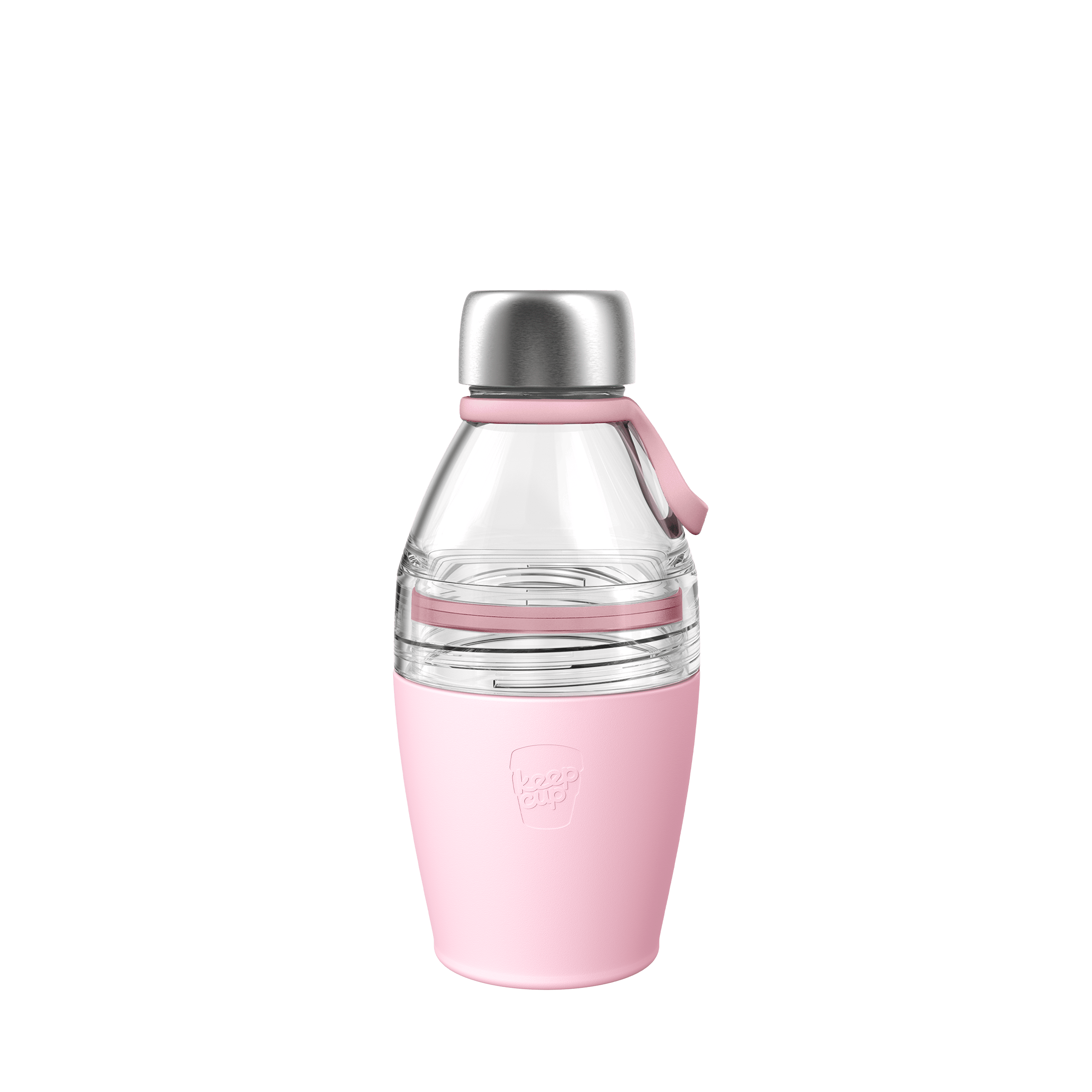 KeepCup Helix Bottle Clear Top in Pashmak Pink, 420ml, shown against a white background featuring a plastic glass upper section with stainless steel cap, pink silicone carry loop, and pink insulated base with embossed KeepCup logo.