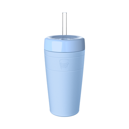 KeepCup Commuter Cold Cup L 16oz in Orchid, featuring a light blue cup with a matching lid and clear reusable straw, shown against a plain white background.