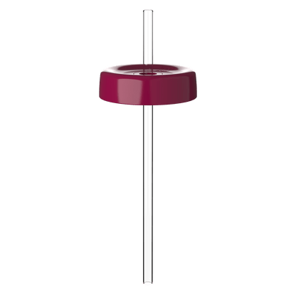 KeepCup Commuter Coffee Straw Lid in Burgundy for XL 20oz cups, shown from above at a slight angle with a clear reusable straw inserted through the centre hole of the deep red lid.