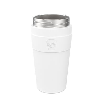 KeepCup Helix Stainless Steel Base L 16oz in White, shown from a front angle against a plain background, featuring a white exterior with silicone band displaying the embossed KeepCup logo and a stainless steel lid.