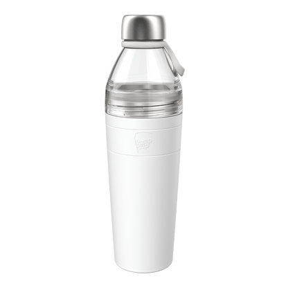 KeepCup Helix Bottle Clear Top 770ml in White, shown at a slight angle against a plain white background, featuring a stainless steel cap, clear upper section with carrying loop, and white insulated lower body with embossed KeepCup logo.