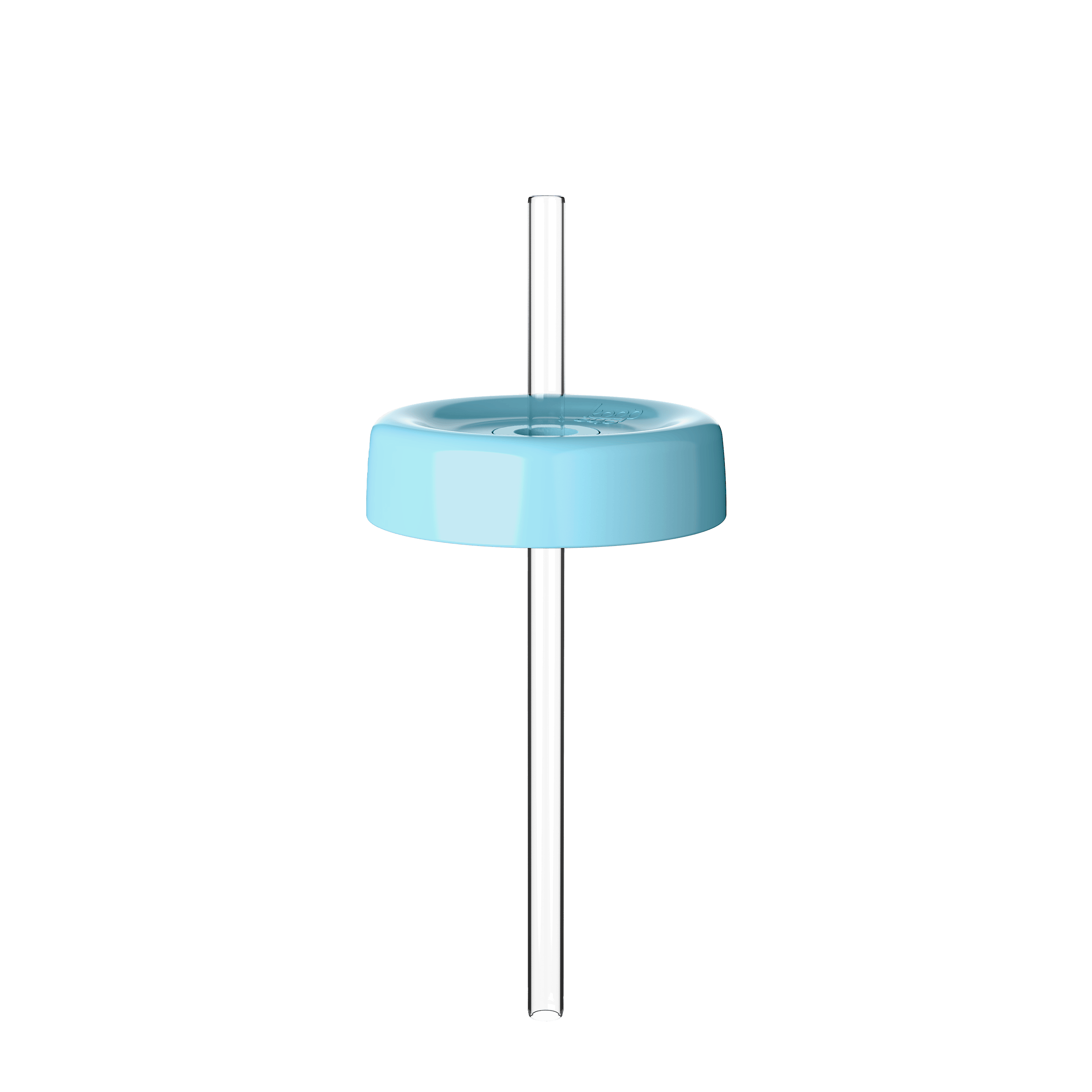 KeepCup Commuter Coffee Straw Lid in Cloud colour, shown from a front angle with the clear reusable straw inserted through the light blue circular lid against a plain white background.