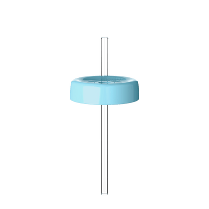 KeepCup Commuter Coffee Straw Lid in Cloud colour, shown from a front angle with the clear reusable straw inserted through the light blue circular lid against a plain white background.