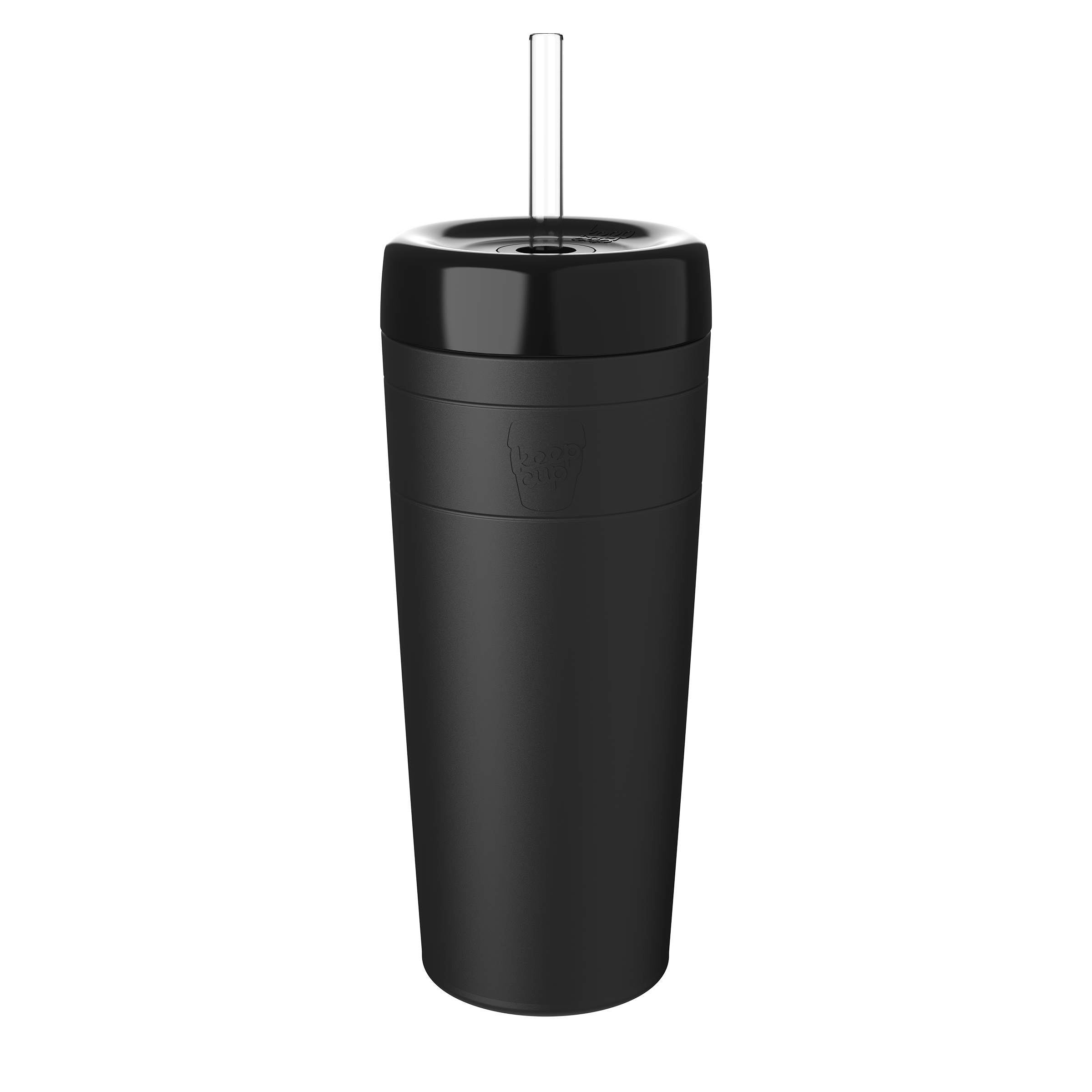 Black insulated travel tumbler with clear straw and lid, tall cylindrical design for hot and cold beverages