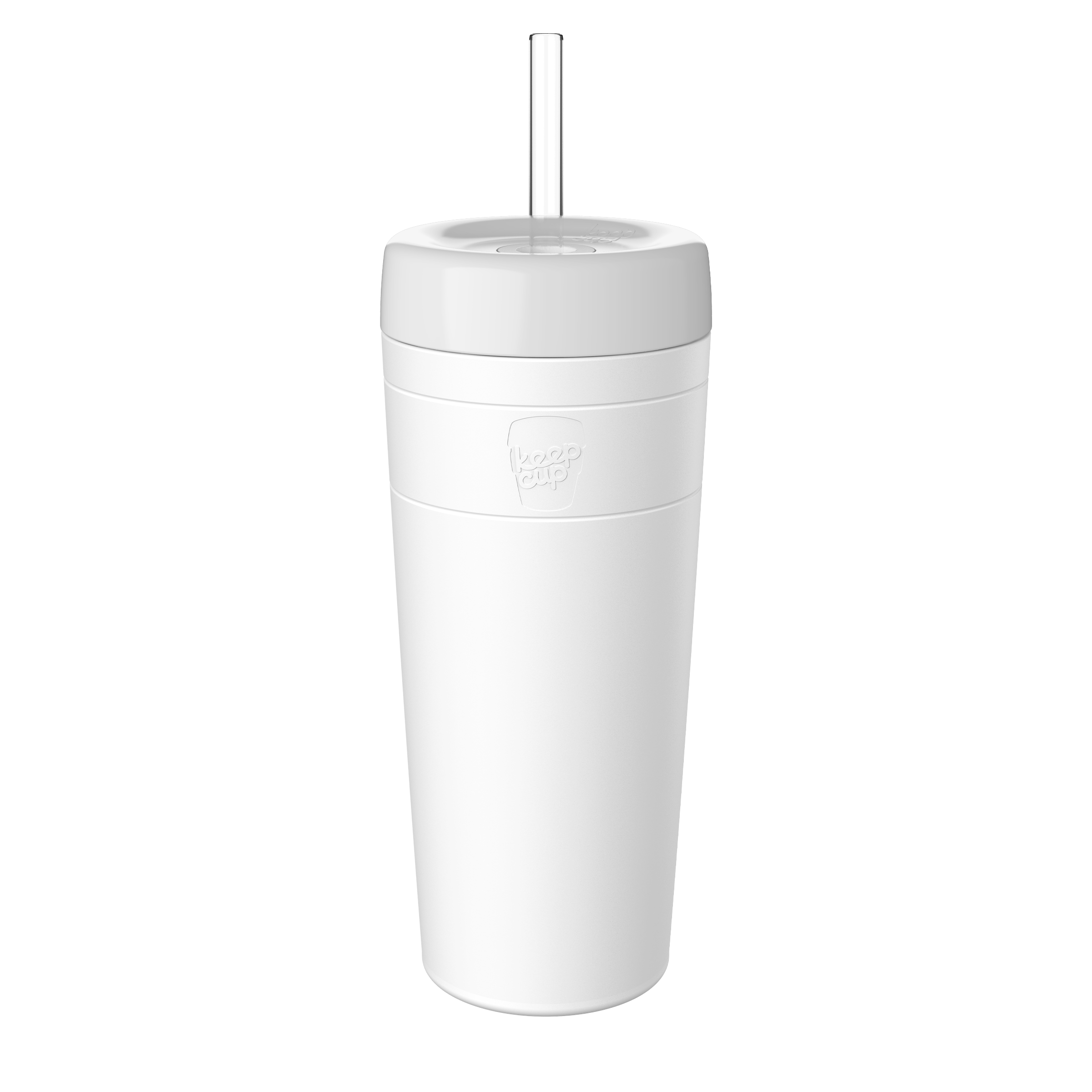 White reusable coffee cup with clear straw and lid, featuring KeepCup branding on white background