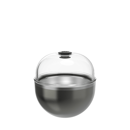 KeepCup Go Bowl Luxe in Nitro, featuring a rounded stainless steel base in dark metallic grey with a clear domed lid and black stopper, shown from a front angle against a white background.