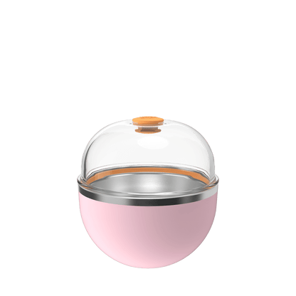 KeepCup Go Bowl Luxe in soft pink with clear domed lid and orange press-fit closure, shown in an exploded view displaying the stainless steel rim and bowl base separated from the transparent lid.