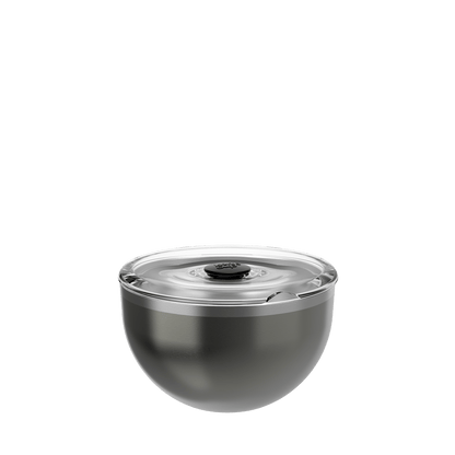 KeepCup Go Bowl Luxe with Flat Lid in Nitro, featuring a dark metallic stainless steel bowl with a clear flat lid, shown from a front angle against a white background.