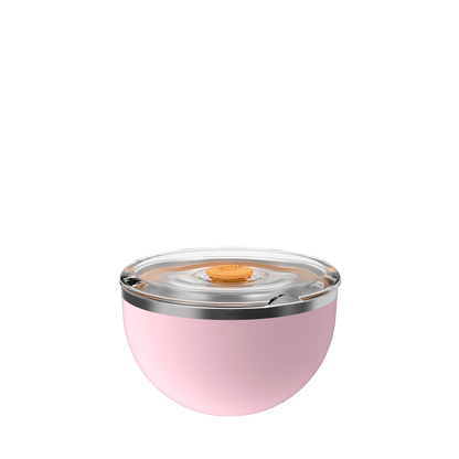KeepCup Go Bowl Luxe in soft pink with transparent lid and orange press-fit seal, shown from a front angle against a white background.