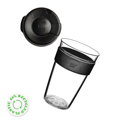 KeepCup Original Clear L 16oz shown as an exploded view with the lid floating above the clear reusable cup featuring a band with the KeepCup logo, alongside a 50% recycled plastic badge.