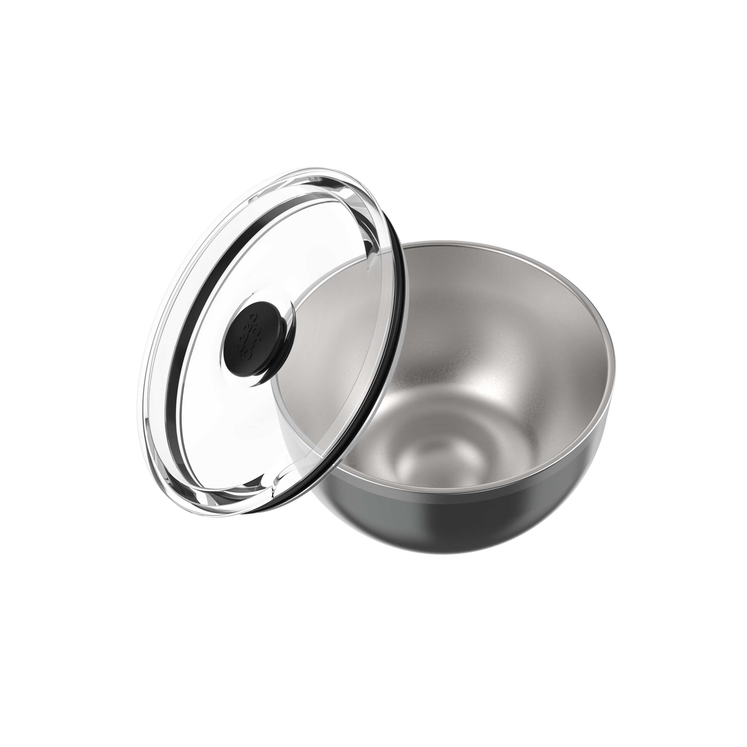 KeepCup Go Bowl Luxe in Nitro, featuring a stainless steel bowl with dark grey exterior shown beside its transparent flat lid with black silicone vent, displayed at an angle against a white background.