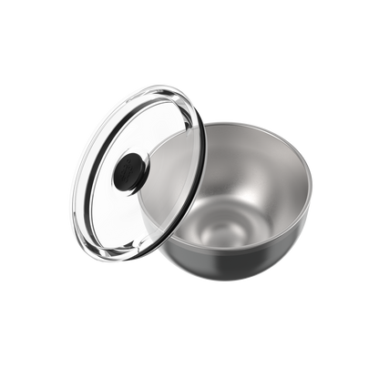 KeepCup Go Bowl Luxe in Nitro, featuring a stainless steel bowl with dark grey exterior shown beside its transparent flat lid with black silicone vent, displayed at an angle against a white background.