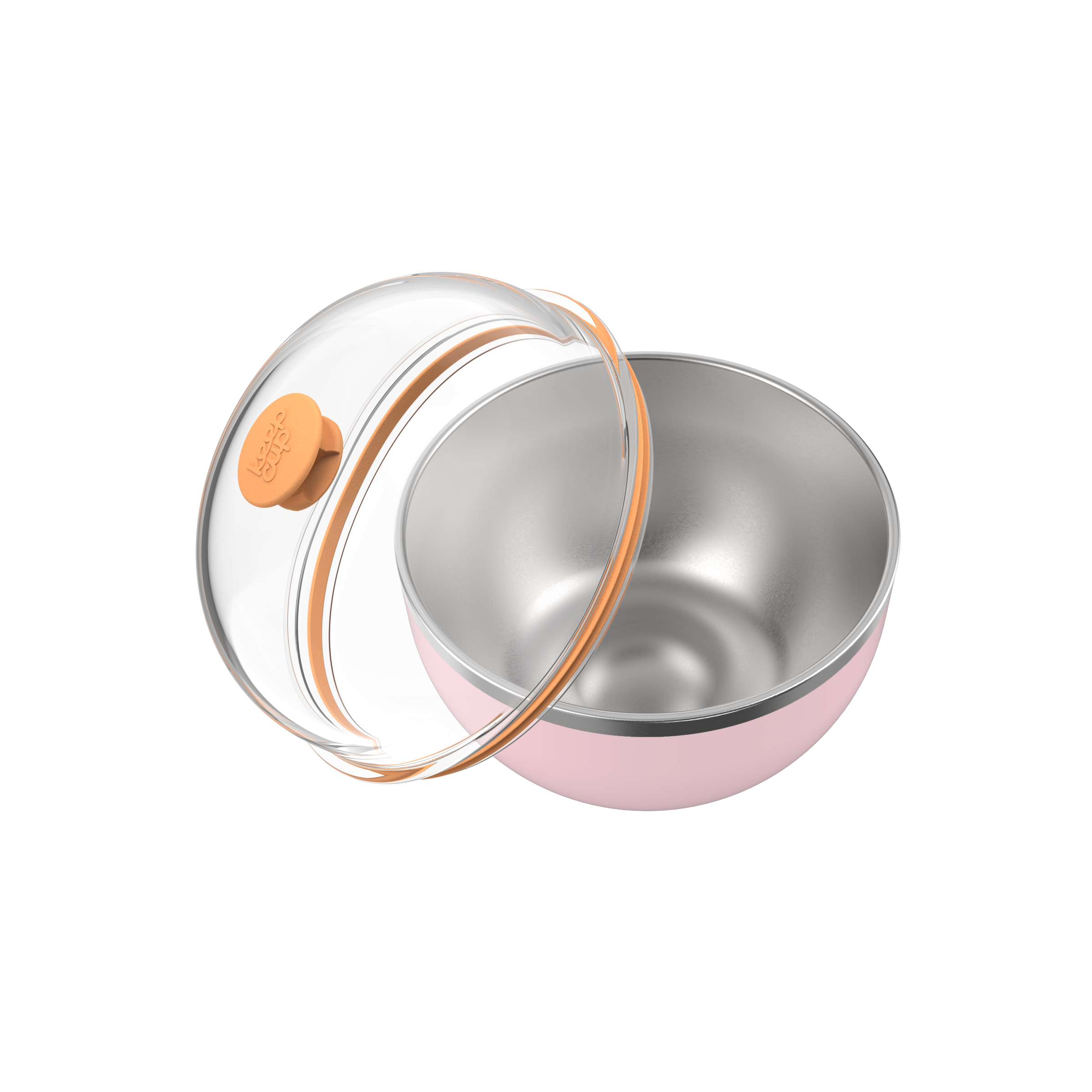 KeepCup Go Bowl Luxe in Pashmak Pink shown from above at an angle, with the clear dome lid with orange silicone seal and vent button lifted away to reveal the stainless steel interior and soft pink outer bowl.