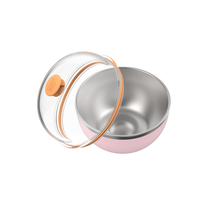 KeepCup Go Bowl Luxe in Pashmak Pink shown from above at an angle, with the clear dome lid with orange silicone seal and vent button lifted away to reveal the stainless steel interior and soft pink outer bowl.