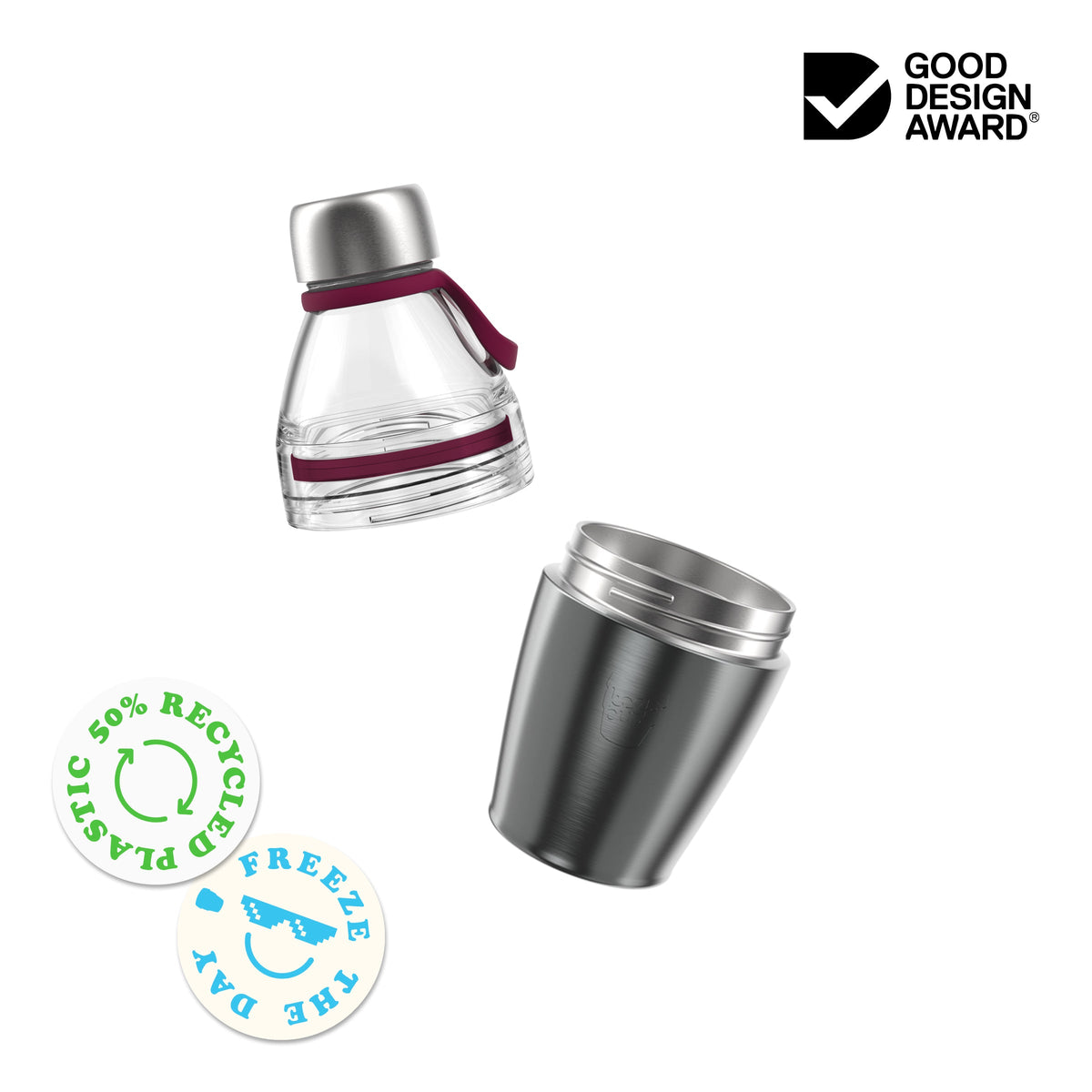 Collapsible water bottle with stainless steel cap and maroon accents, plus matching steel cup. Good Design Award winner, 50% recycled plastic.