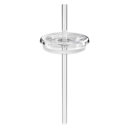 Clear KeepCup Straw Lid shown from a straight-on angle with the reusable straw inserted through the centre, displaying the transparent lid's layered construction against a white background.