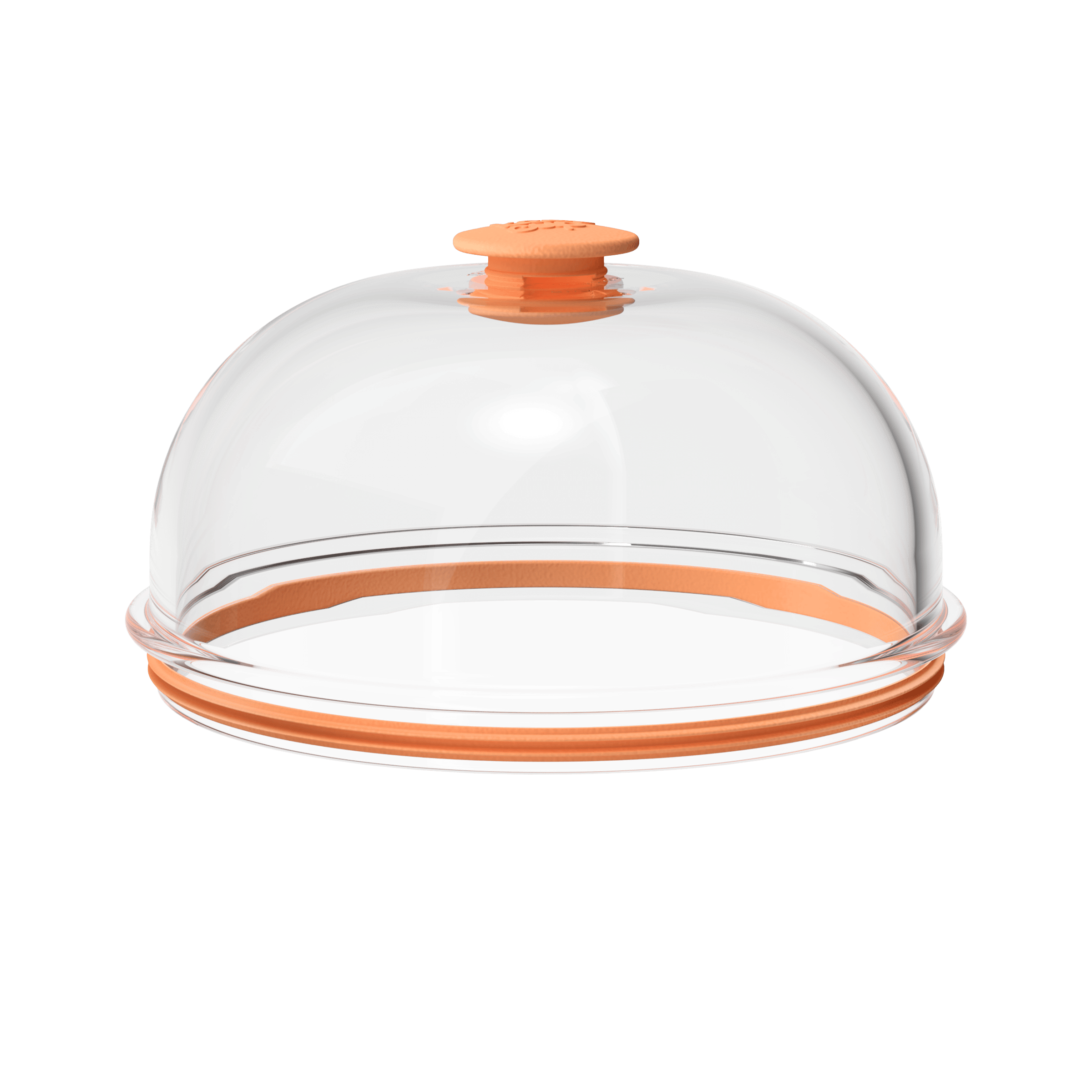 Go Bowl Dome Lid in Peach, shown from a three-quarter angle against a white background, featuring a transparent domed cover with a peach-coloured handle on top and matching peach silicone band around the base.
