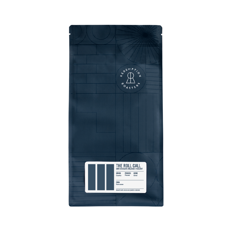 Dark navy blue 1 kg coffee bag from Redemption Roasters featuring The Roll Call blend, with tasting notes of dark chocolate, molasses and hazelnut displayed on a white label, set against a geometric patterned design.