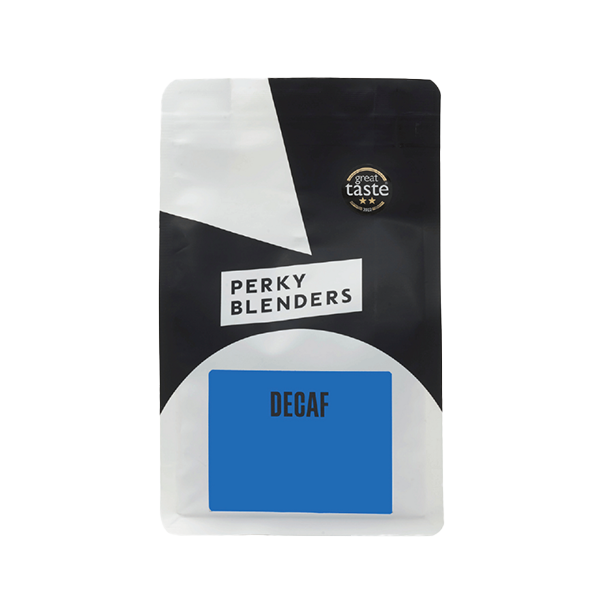 Perky Blenders Decaf 250g coffee bag in black and white packaging with a blue label, featuring a Great Taste award badge, shown front-facing against a white background.