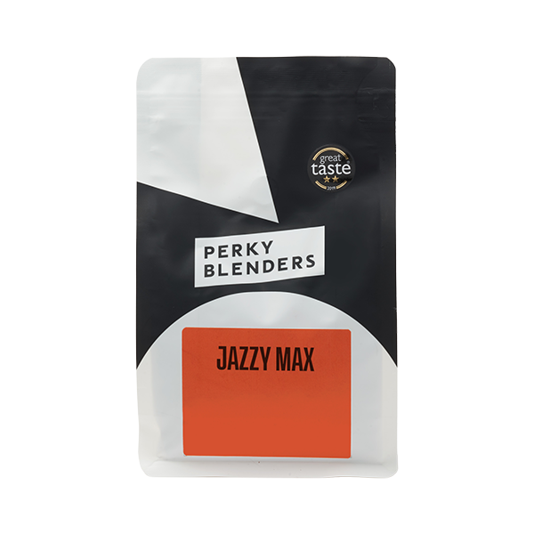 Jazzy Max 250g coffee bag from Perky Blenders, featuring a black and white design with an orange label, displayed against a white background. The packaging shows a Great Taste 2-star award badge.