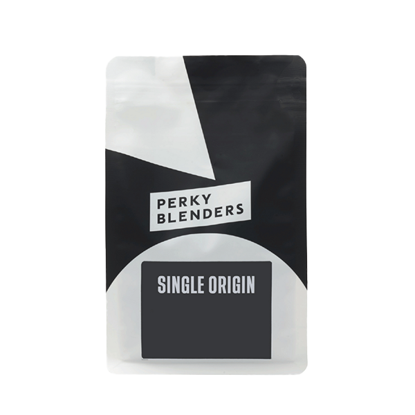 A 1 kg bag of Perky Blenders Single Origin coffee, featuring a modern black and white geometric design, shown front-facing against a white background.