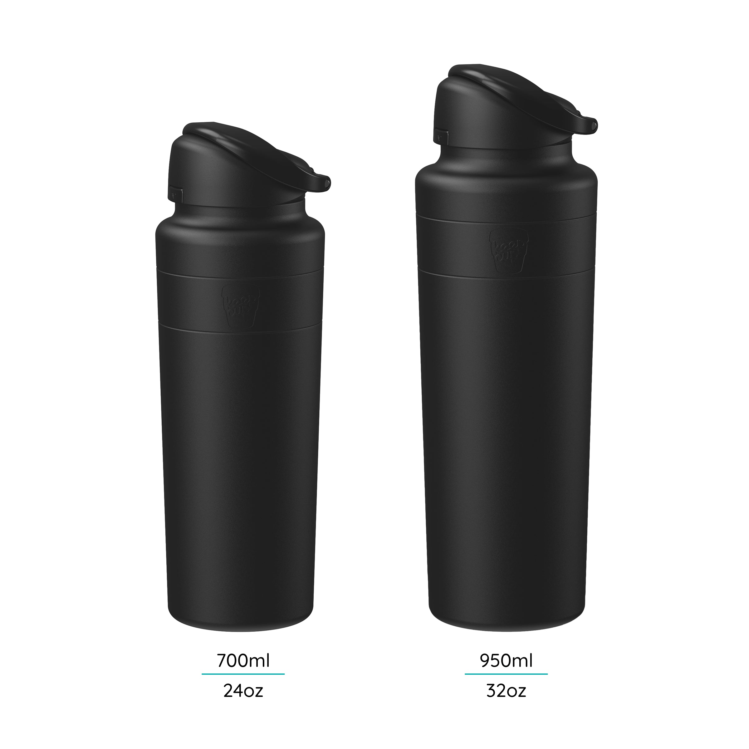 Two KeepCup Ora Bottles in Black shown side by side against a white background, comparing the 700ml (24oz) and 950ml (32oz) sizes, both featuring a matte black finish with flip-top lids.