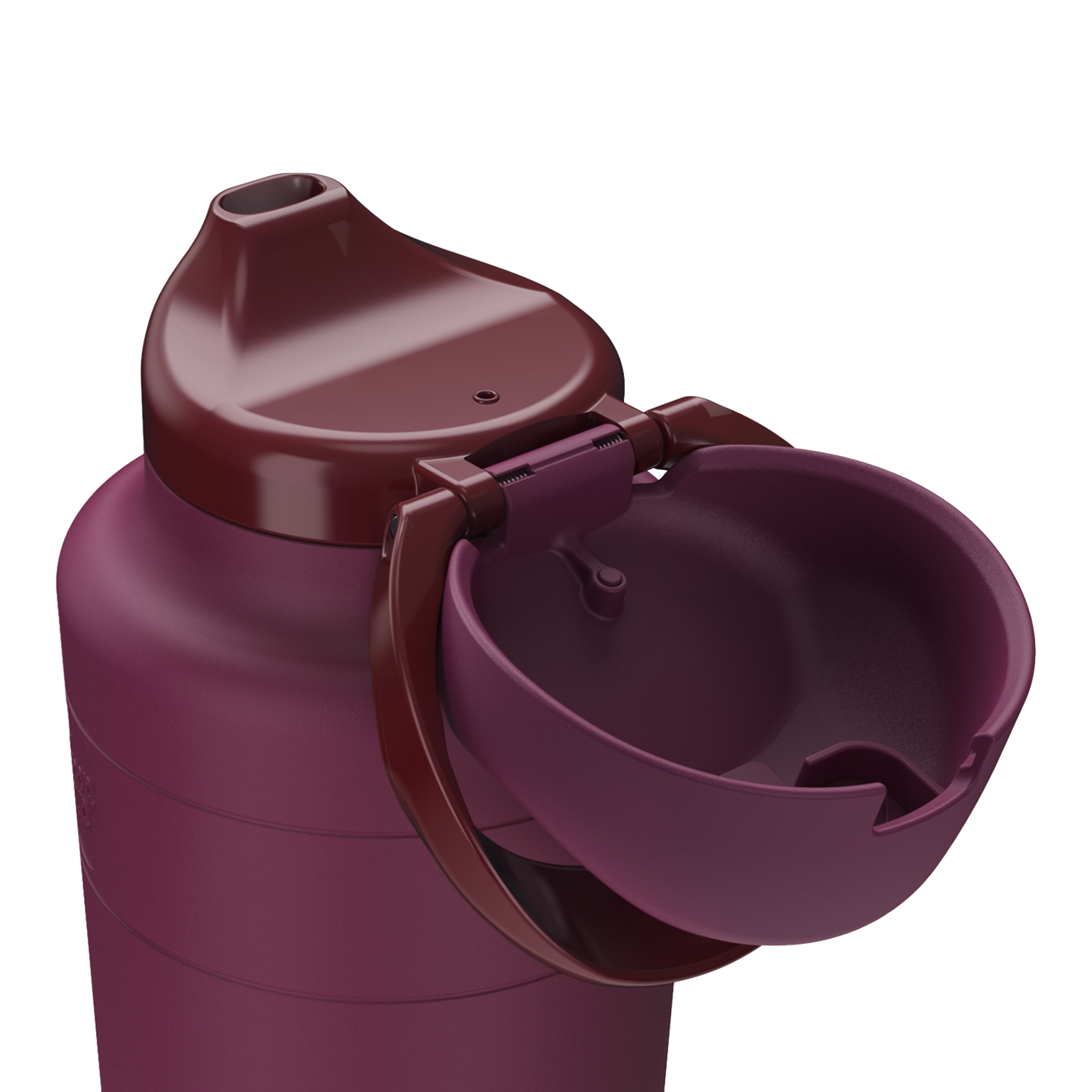 Mulberry water bottle with a detachable cap on a white background