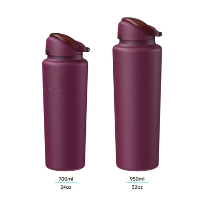 KeepCup Ora Bottle in Mulberry, shown in two sizes side by side against a white background: 700ml (24oz) on the left and 950ml (32oz) on the right, both featuring a deep plum colour with a flip-top lid in a darker burgundy shade.