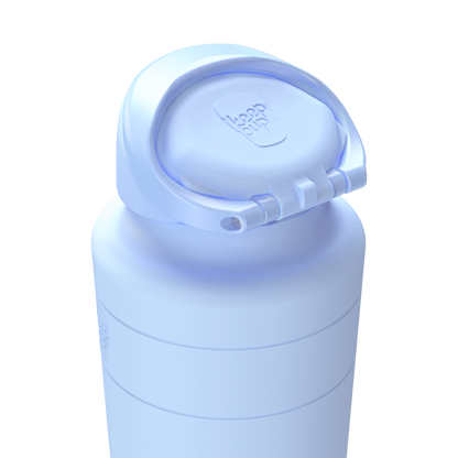 Orchid water bottle with a white cap on a white background