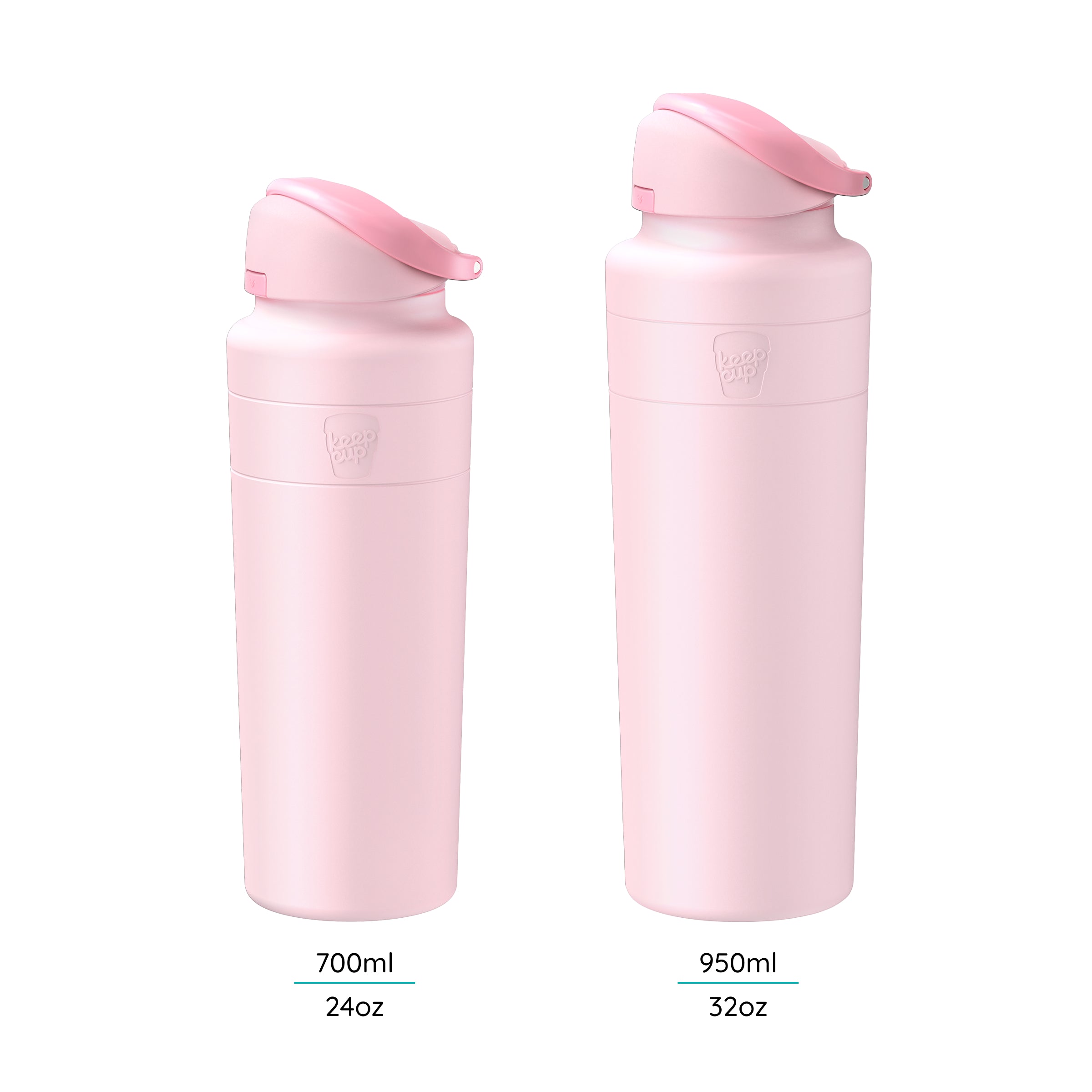 KeepCup Ora Bottle in Pashmak Pink shown in two sizes side by side, displaying the 700ml (24oz) and 950ml (32oz) options, both featuring a flip-top lid and the embossed KeepCup logo on the body.
