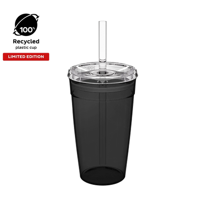 KeepCup Cold Cup Original L 16oz in Recycled Black, shown from a front angle featuring the translucent black cup body with clear lid and straw, with badges indicating 100% recycled plastic cup and Limited Edition.