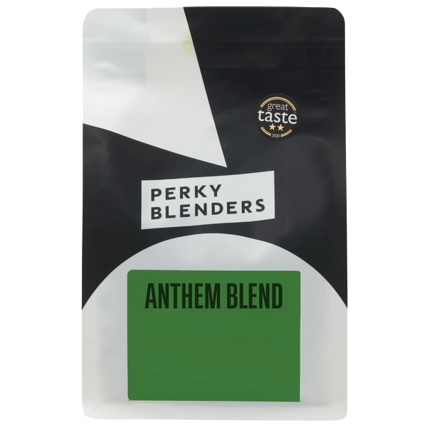 Perky Blenders Anthem Blend 250g coffee bag in black and white packaging with a green label, featuring a Great Taste 2020 two-star award badge in the top corner.