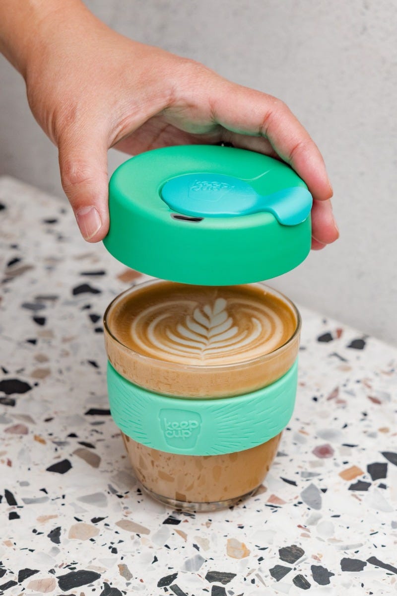 KeepCup Brew Glass 8oz under group head with coffee