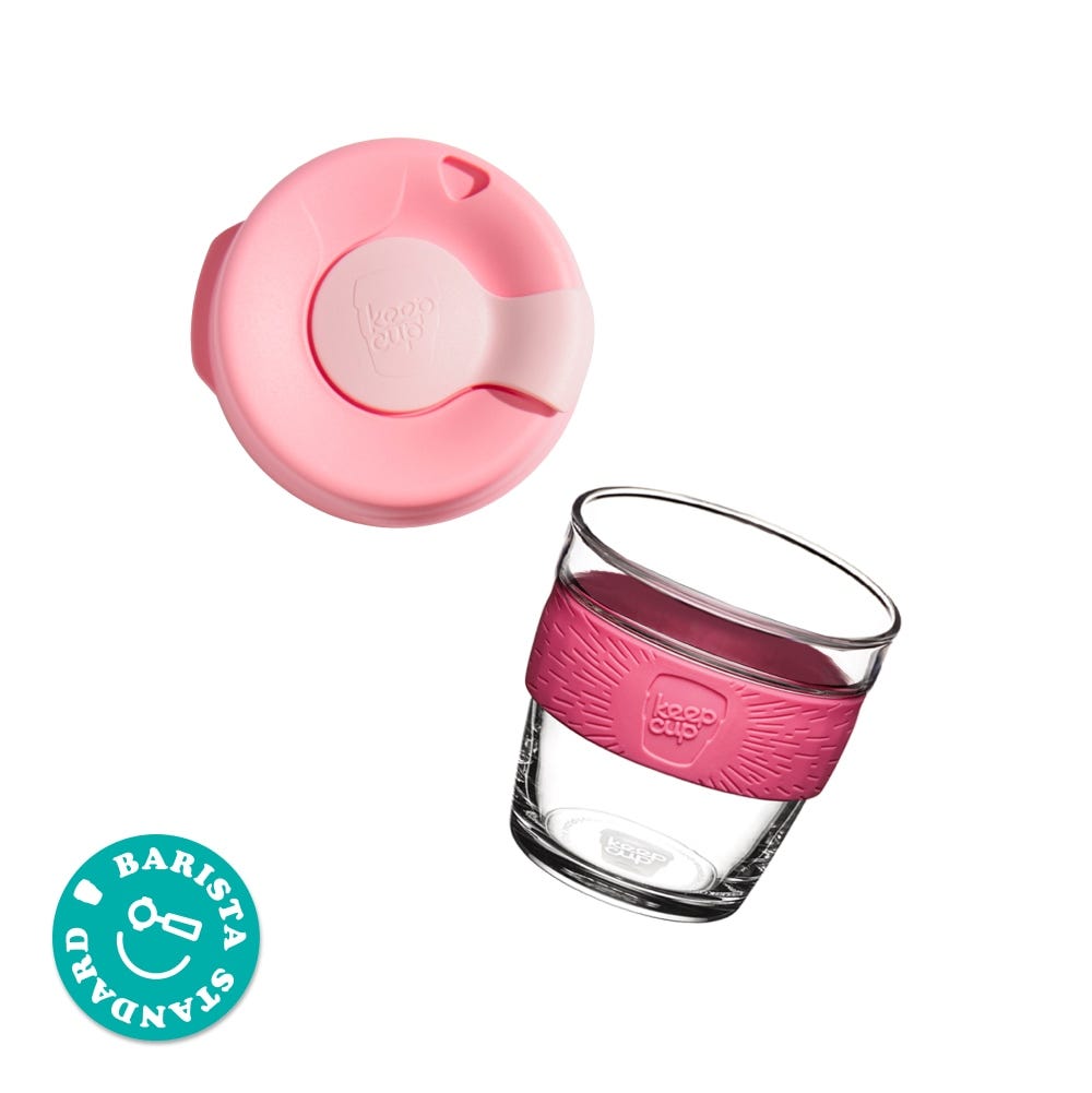 Brew Glass 6oz components. Glass cup base, silicone band, plastic lid