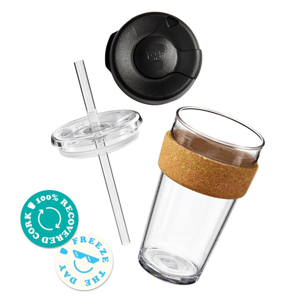 Sip & Chill Brew Cork Ace Components. Glass Cup, recovered cork and tennis ball band, press fit and straw plastic lids