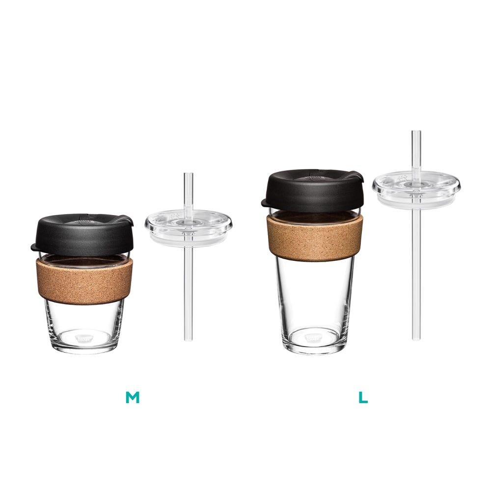 Sip and Chill Brew Cork straw and reusable cup sizes. Available in Medium and large