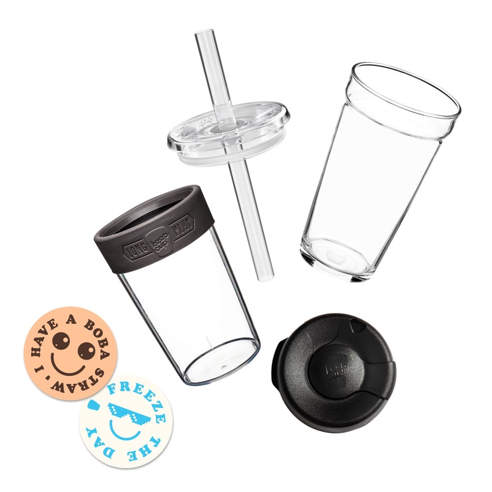 Sip & Chill Large Components. Glass cup, plastic sleeve, straw lid and press fit lid