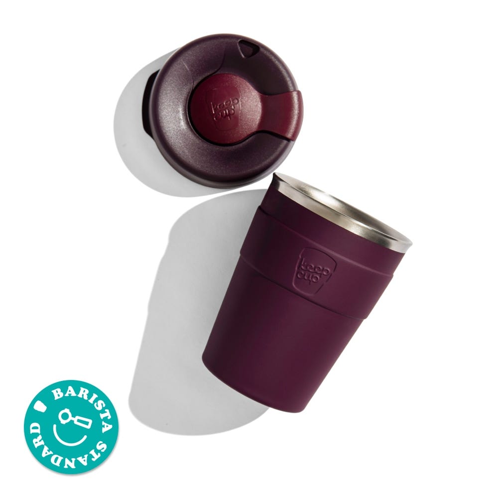 KeepCup Thermal 12oz components. Stainless steel cup base and plastic lid