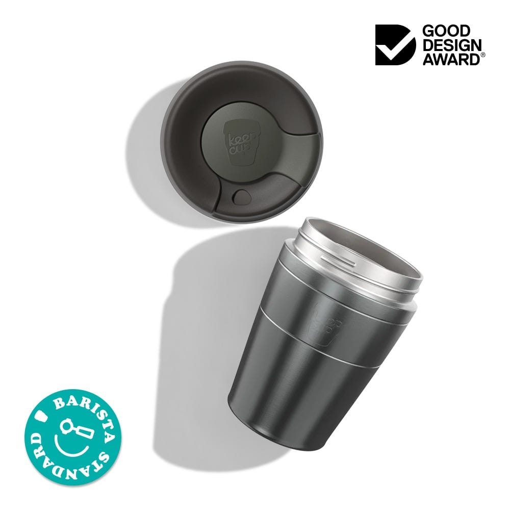 KeepCup Traveller 12oz Components. Stainless steel base and plastic lid