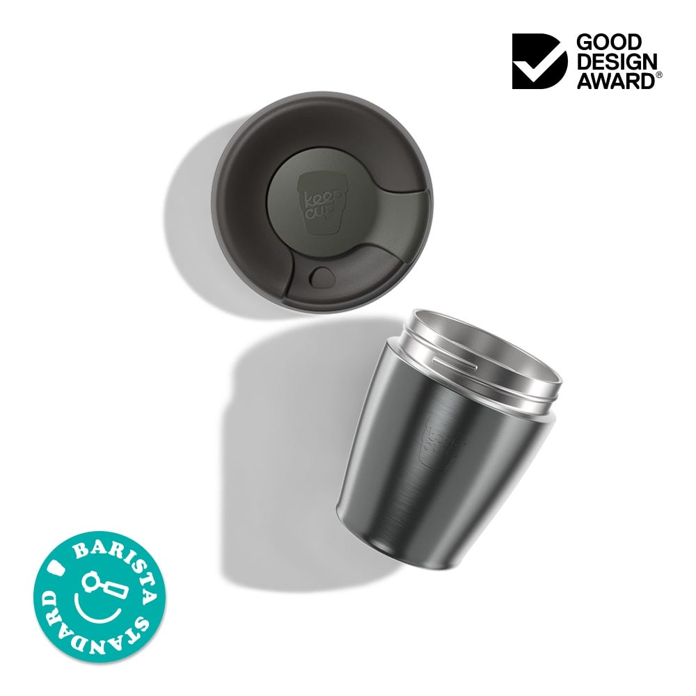 KeepCup Traveller 8oz components. Stainless steel base and plastic lid