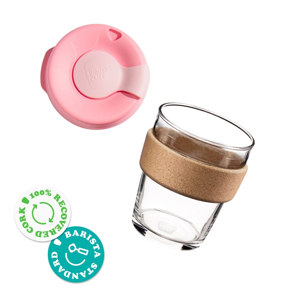Brew Cork 12oz components. Glass cup base and plastic lid