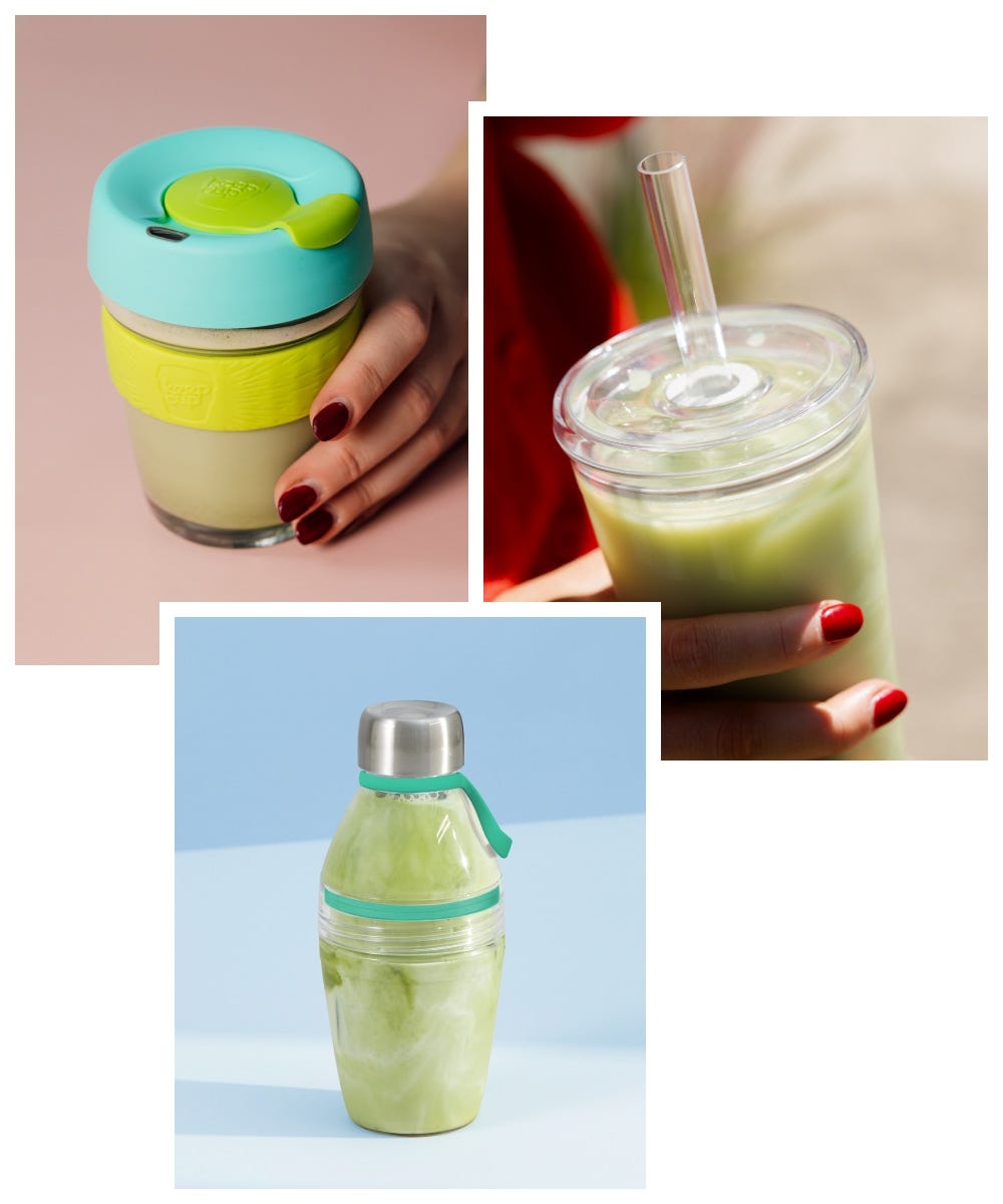 3 images showing a KeepCup Bottle Light filled with iced matcha, Cold Cup Original filled with iced matcha, Brew Glass filled with hot matcha.