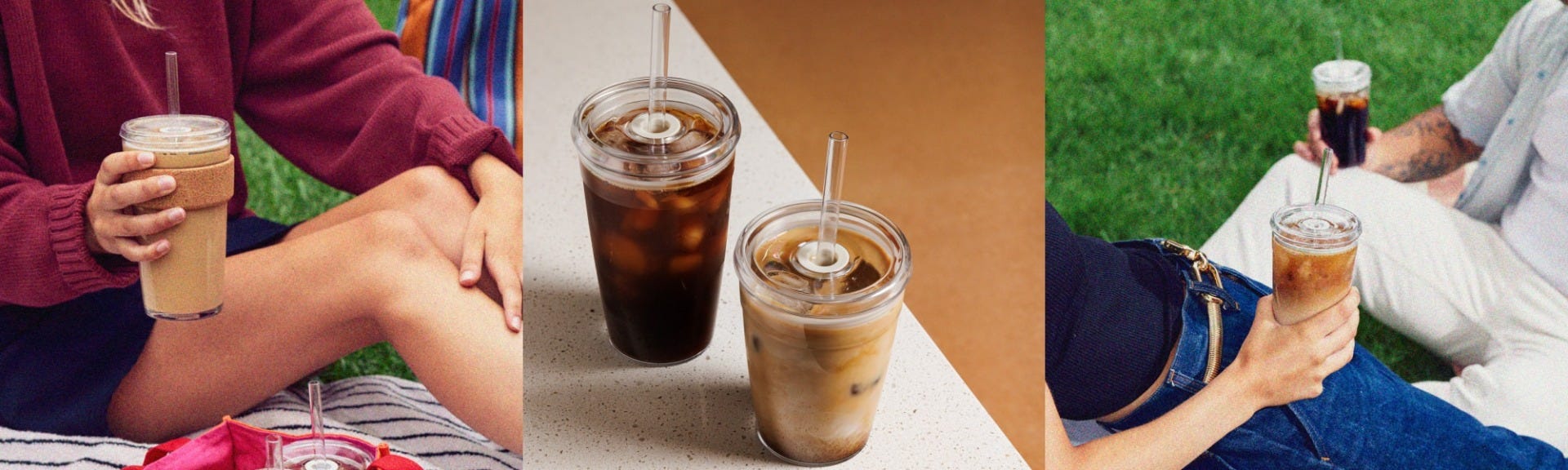 3 images showing a woman holding KeepCup Cold Cup Cork 16oz on a picnic rug, two Cold Cup Original cups filled with iced coffee, a woman and man holding Cold Cup Original 16oz filled with iced coffee. 