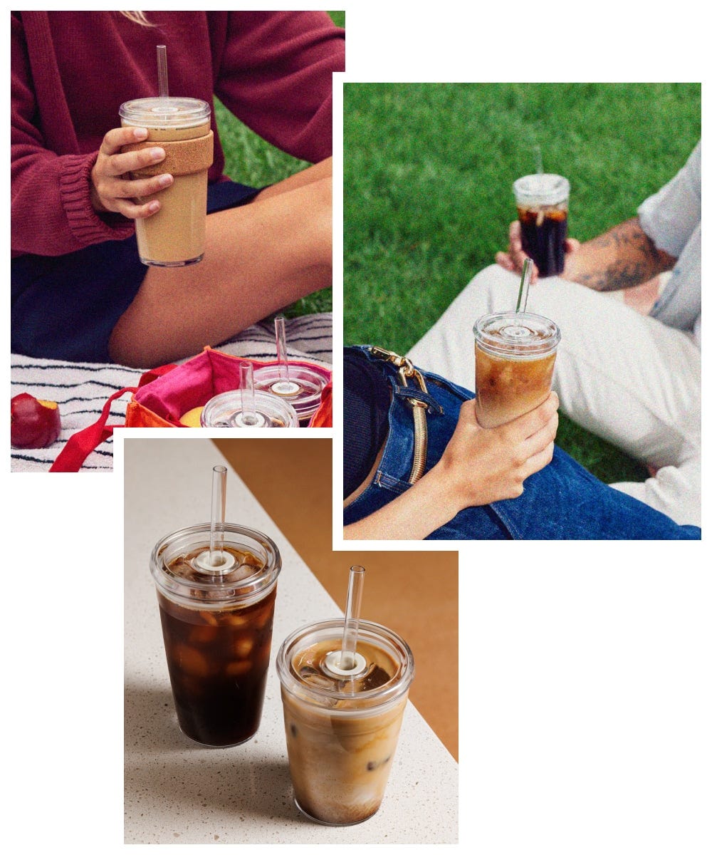 3 images showing a woman holding KeepCup Cold Cup Cork 16oz on a picnic rug, two Cold Cup Original cups filled with iced coffee, a woman and man holding Cold Cup Original 16oz filled with iced coffee. 
