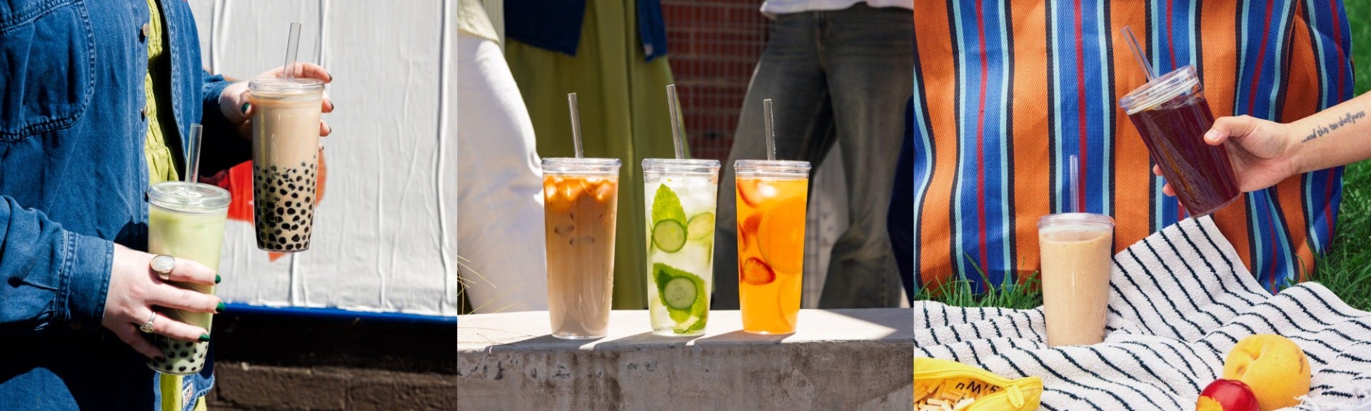3 images showing KeepCup Cold Cup Original 20oz in hand, three Cold Cup Originals 20oz in a line, two Cold Cup Original 16oz on a picnic blanket