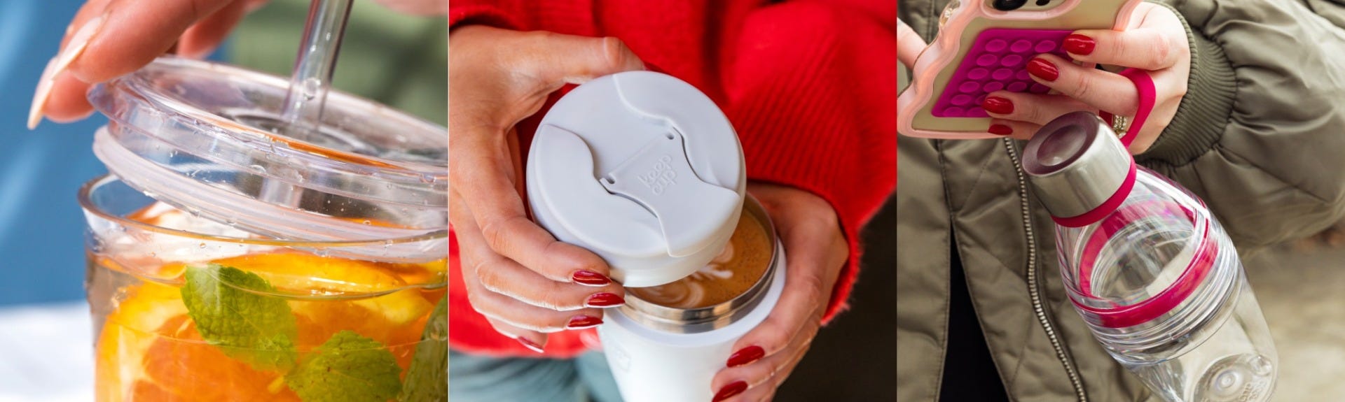 3 images showing a KeepCup Cold Cup Original lid being taken off, a woman taking the lid off a Commuter cup, and a woman on her phone holding a Bottle Light.