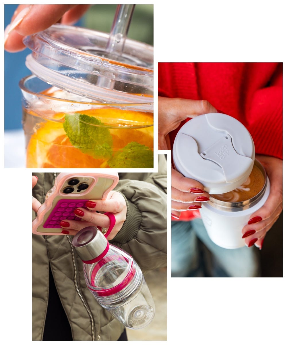 3 images showing a KeepCup Cold Cup Original lid being taken off, a woman taking the lid off a Commuter cup, and a woman on her phone holding a Bottle Light.
