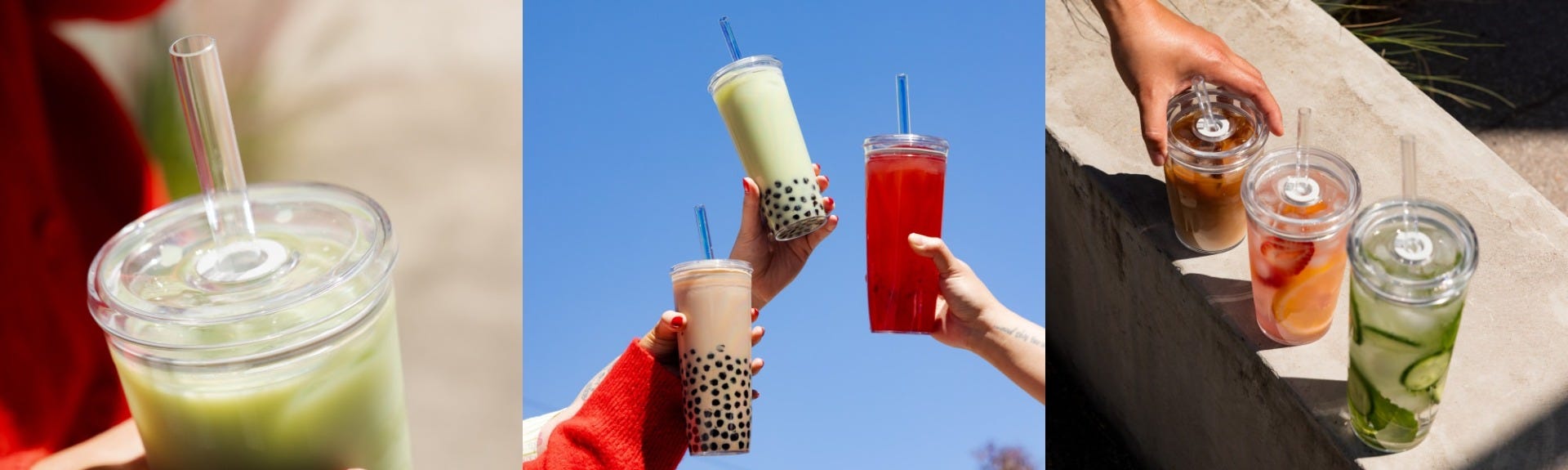 3 images showing a KeepCup Cold Cup Original filled with iced matcha, three people holding up Cold Cup Original 20oz cups filled with boba, three Cold Cup Original cups lined up filled with iced teas