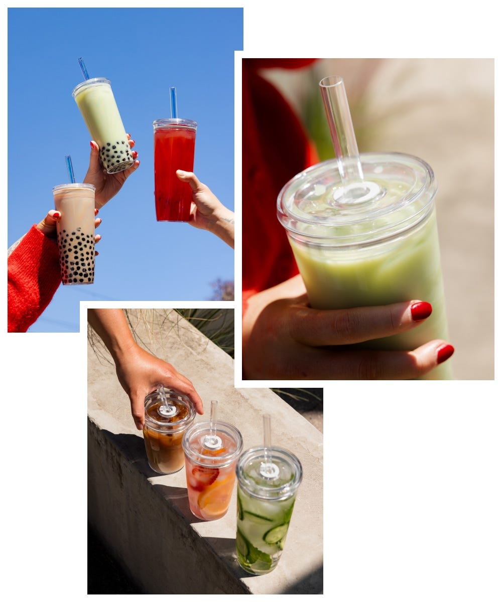 3 images showing a KeepCup Cold Cup Original filled with iced matcha, three people holding up Cold Cup Original 20oz cups filled with boba, three Cold Cup Original cups lined up filled with iced teas